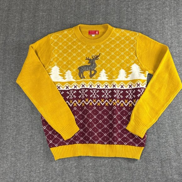 Ugly Christmas Sweater Yellow With Reindeer Design US L EU XL 100% Acrylic Holid - Picture 1 of 8